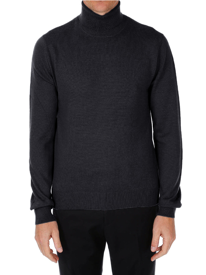 Pull homme uni col roulé 100% laine Mérinos fine Pull homme uni noir côtelé